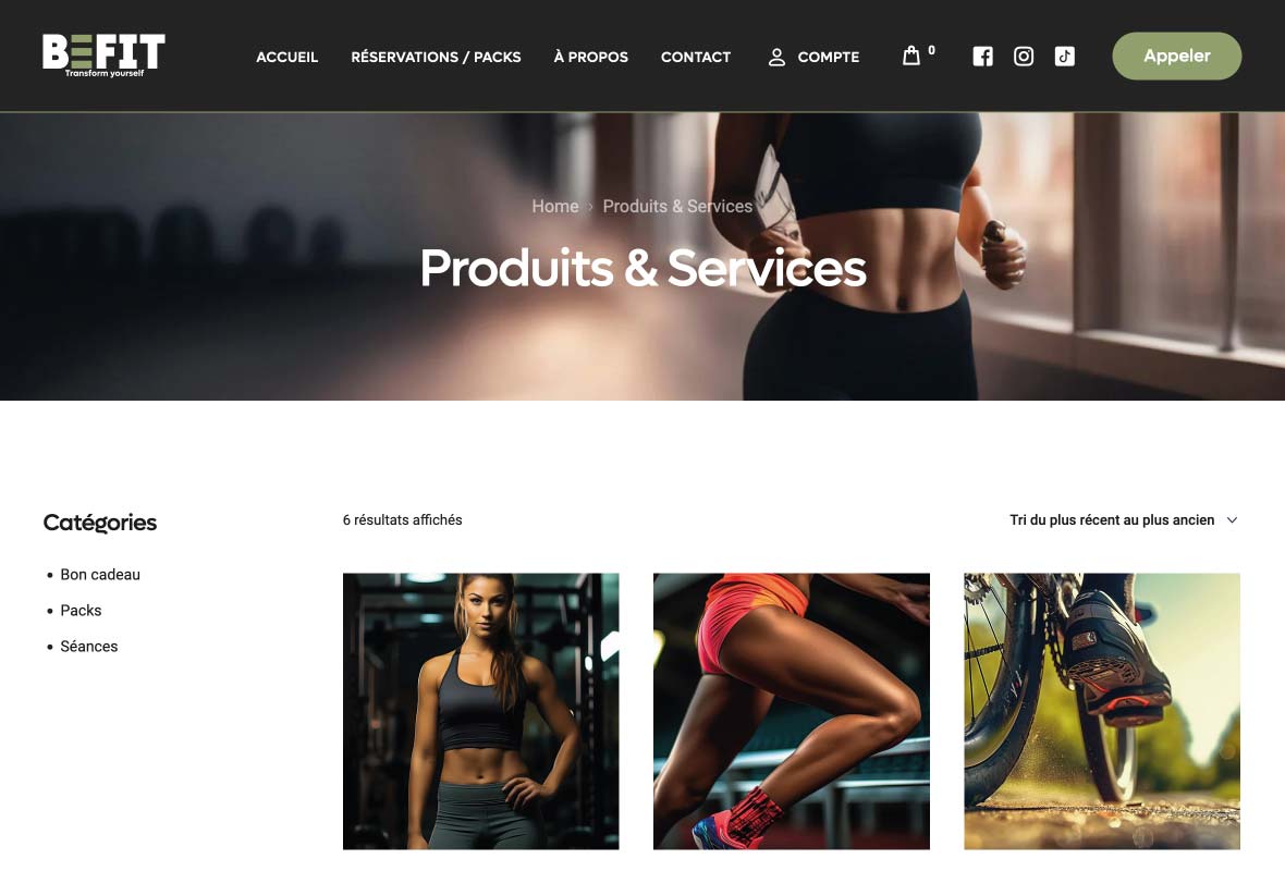 Page de la boutique du site de réservation befit.nc
