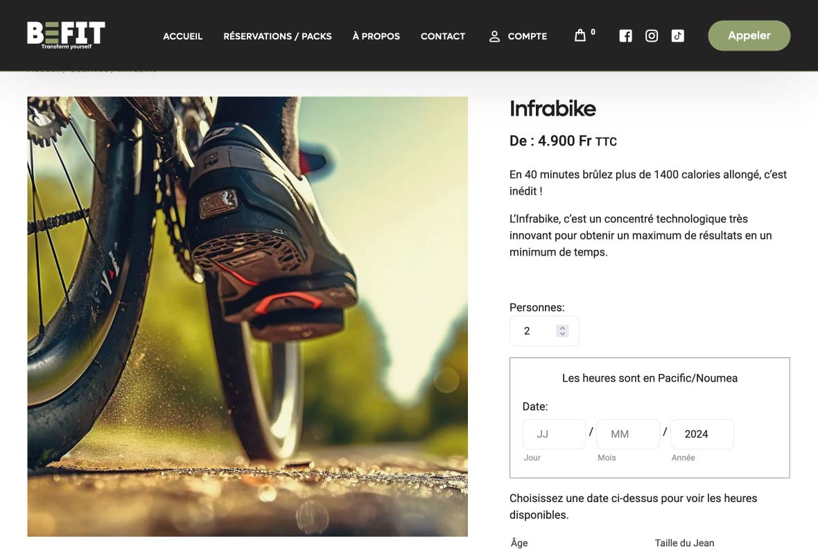 Page du produit du site de réservation befit.nc
