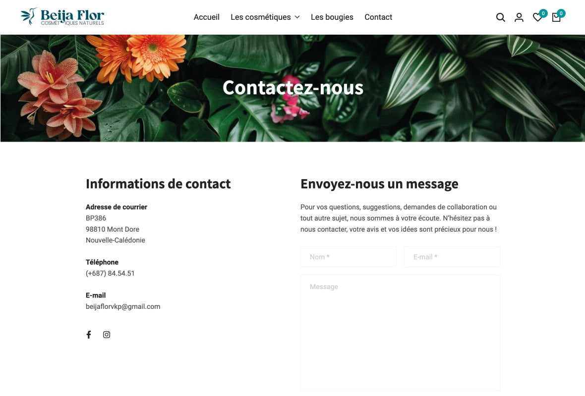 Page contact du site e-commerce beijaflor.nc