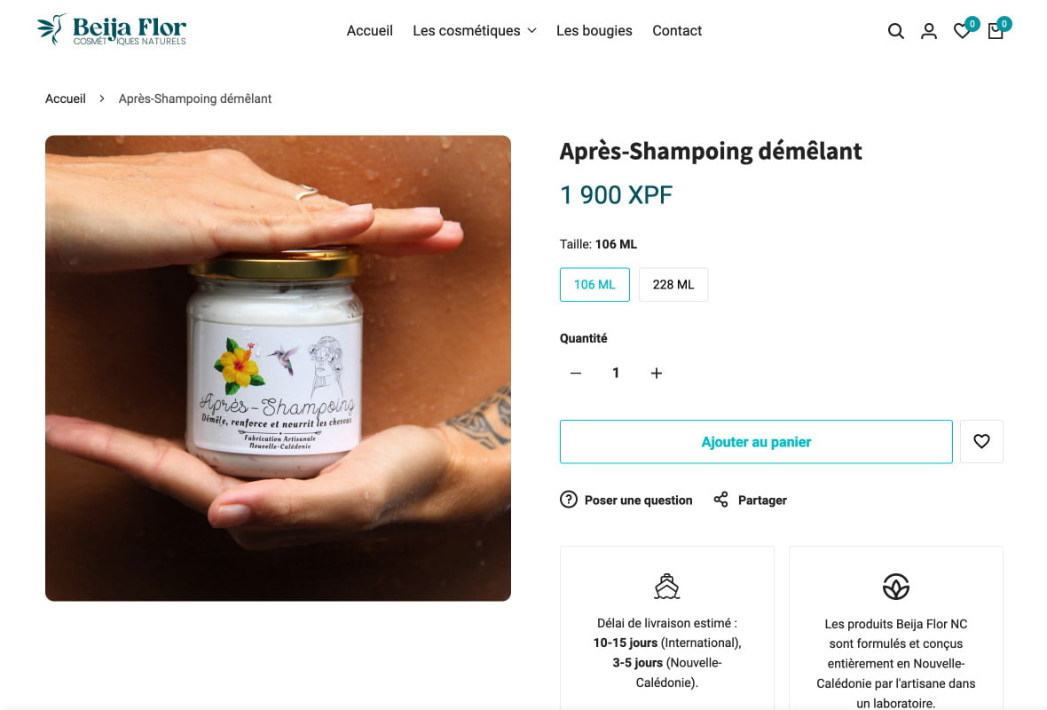 Page produit du site e-commerce beijaflor.nc