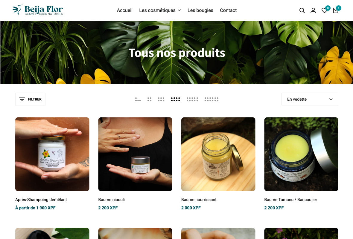 Page tous les produits du site e-commerce beijaflor.nc