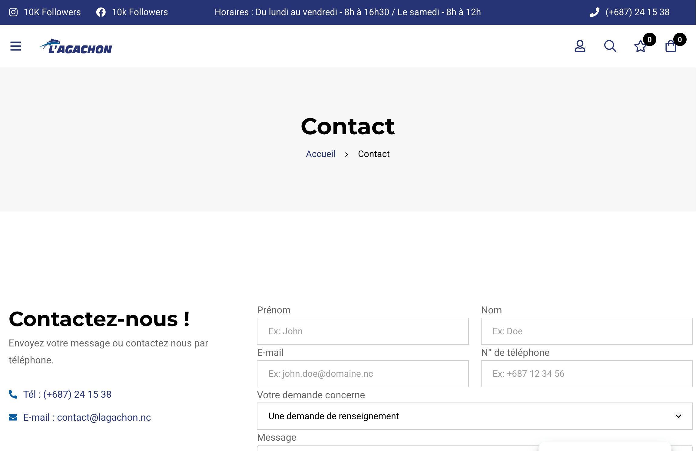 Page contact du site de pêche lagachon.nc