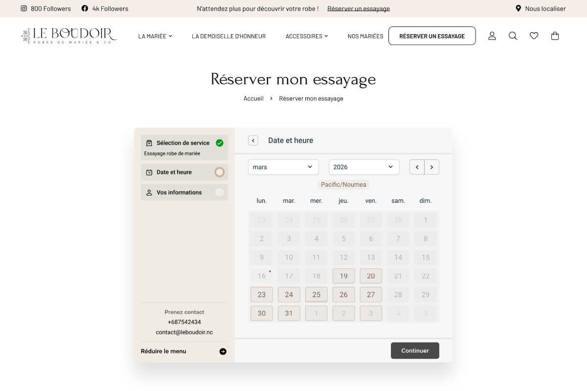 Page réservation du site leboudoir.nc