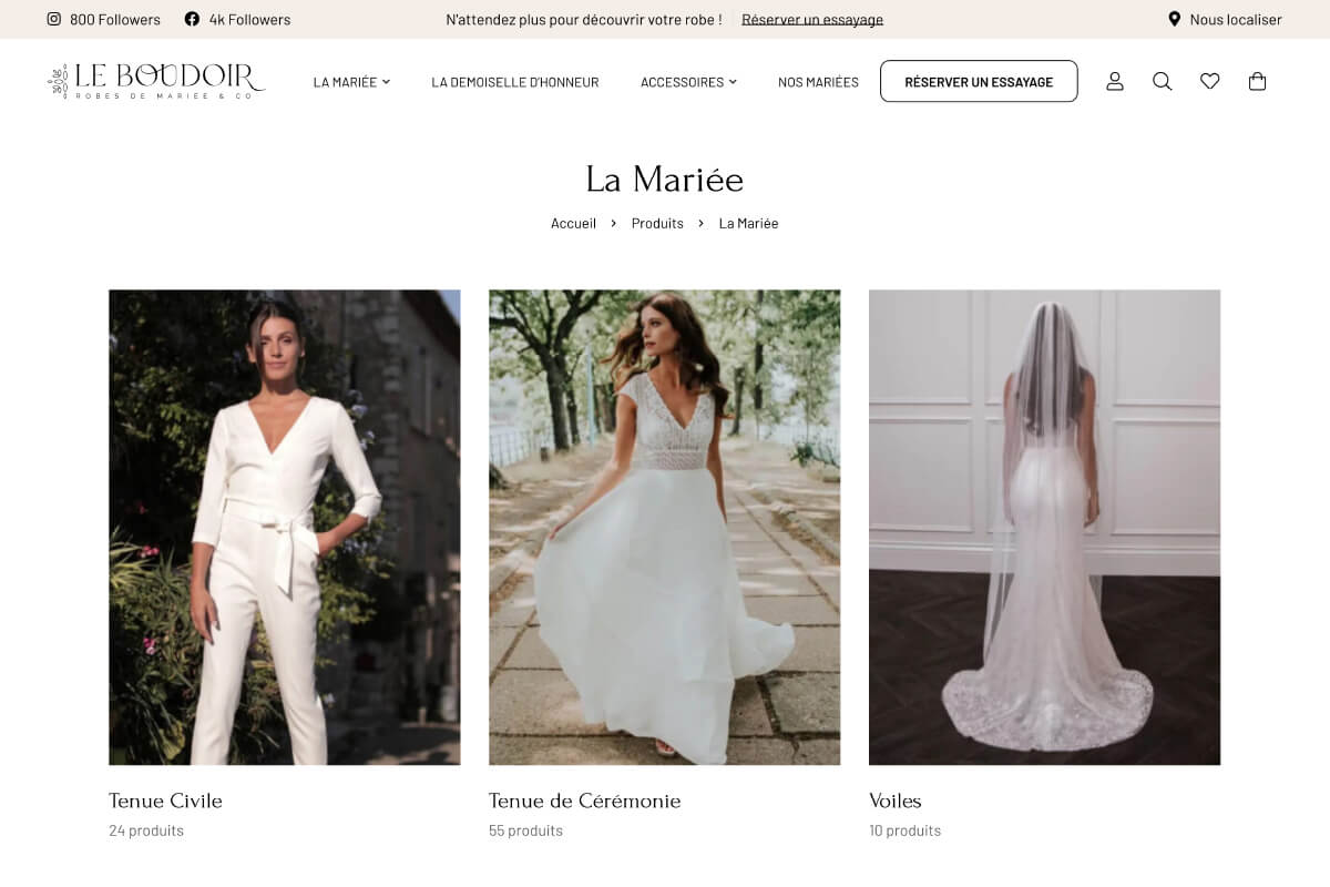 Page des collections du site e-commerce leboudoir.nc