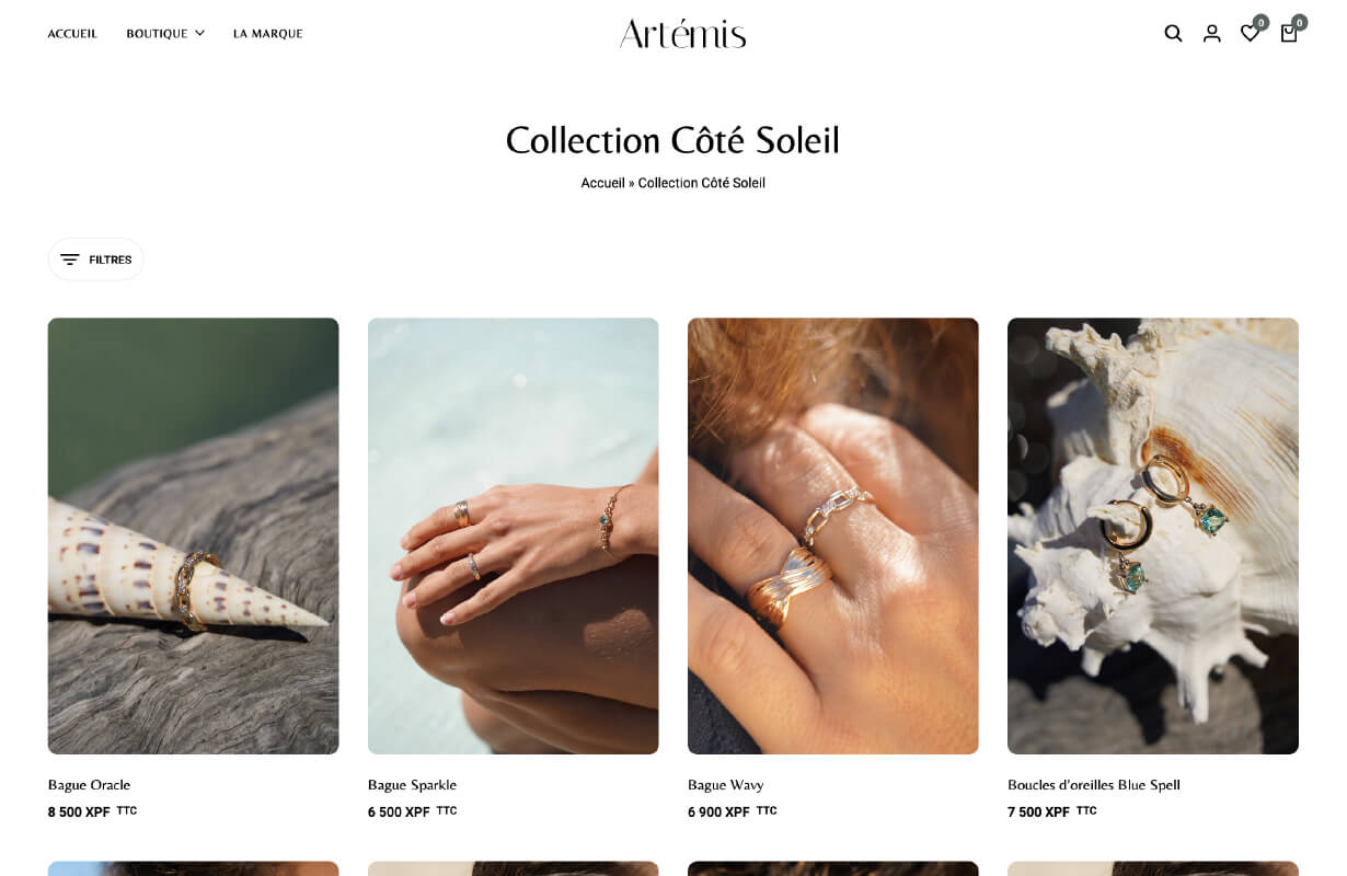 Page collection soleil du site e-commerce de bijoux et accessoires artemis-bijoux.nc