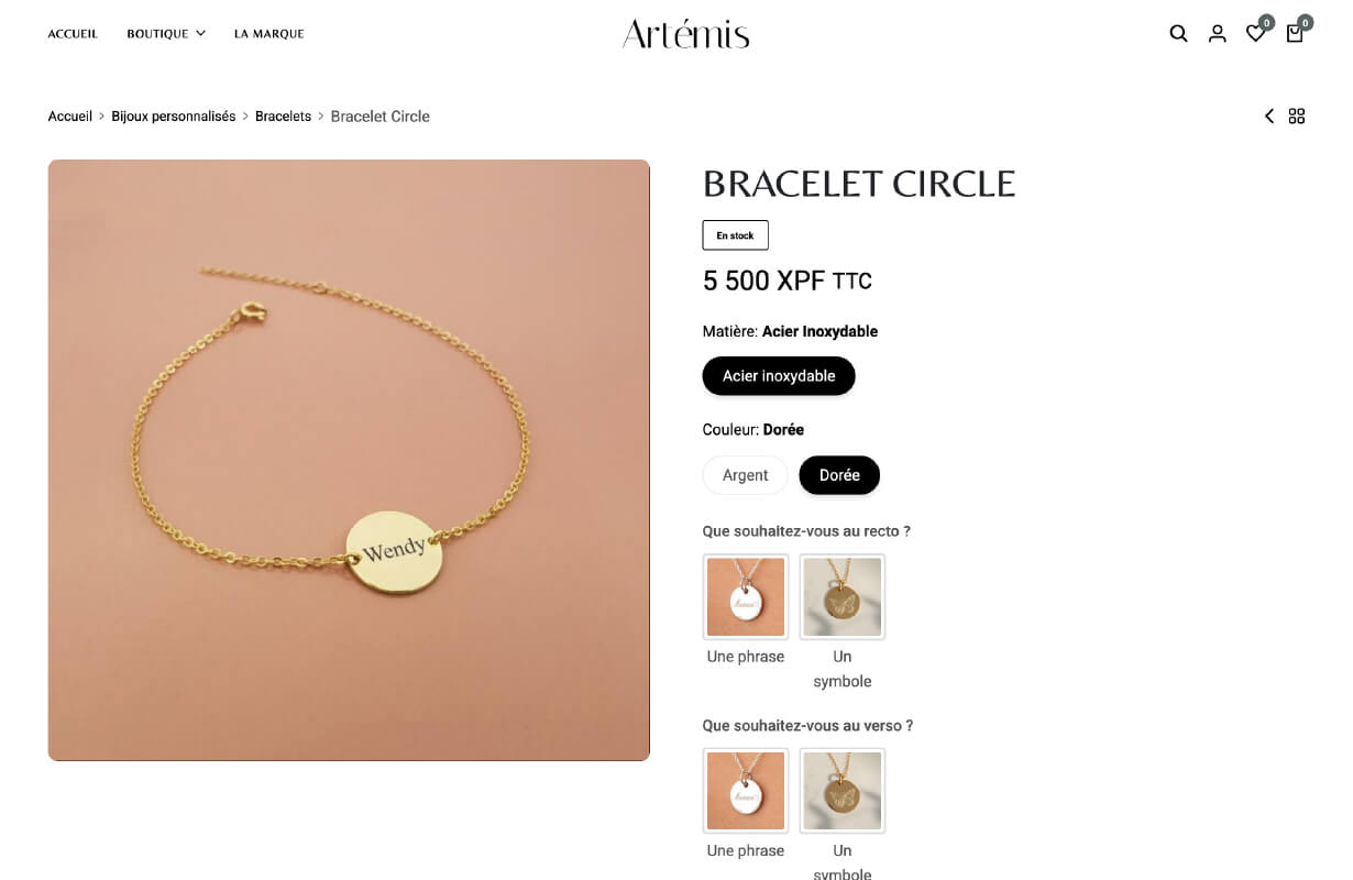 Page bijoux personnalisé du site e-commerce de bijoux et accessoires artemis-bijoux.nc